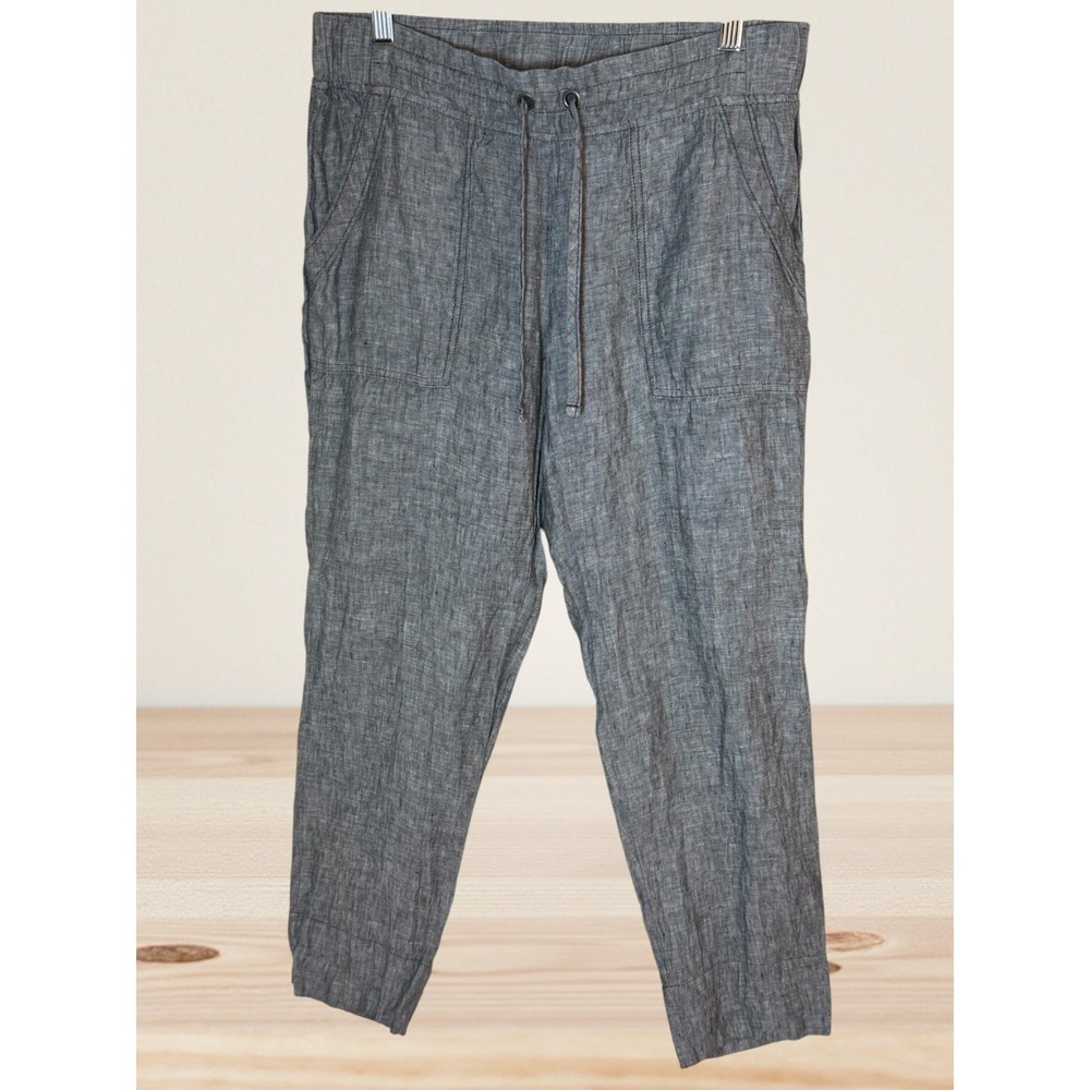 Athleta 100% Linen Ankle Pants Sz 8 Gray Chambray Drawstring Patch Pockets Beach